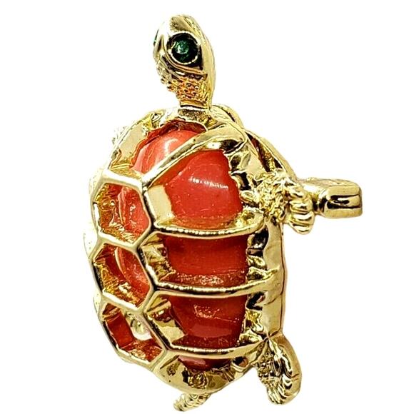 Gerrys Turtle Brooch Small Orange Lucite Tortoise Pin Vintage Signed Green Eyes - Picture 3 of 5